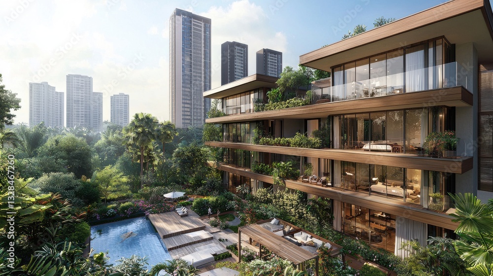 Obraz premium Modern Sustainable Architecture with Lush Greenery and Urban Backdrop in Contemporary Residential Community