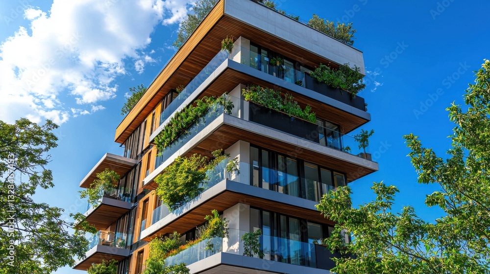 Obraz premium Modern architectural building with greenery on balconies against blue sky and white clouds showcasing urban sustainability