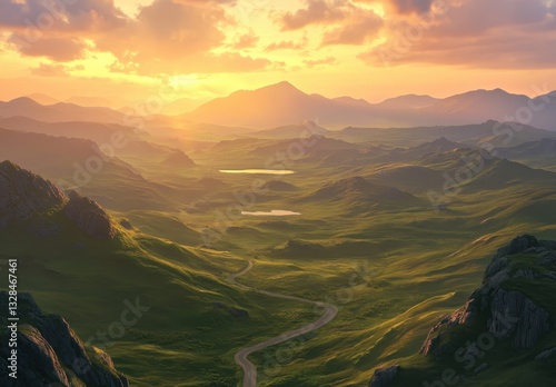 Stunning Sunrise Over Rolling Green Hills and Valleys with Serene Clouds and Peaceful Landscape Viewpoint for Nature Enthusiasts and Photographers