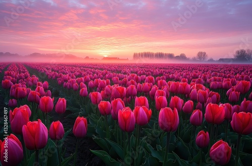 Stunning Sunrise Over Vibrant Pink Tulip Fields Shrouded in Morning Mist with Soft Colors and Gentle Light in the Sky