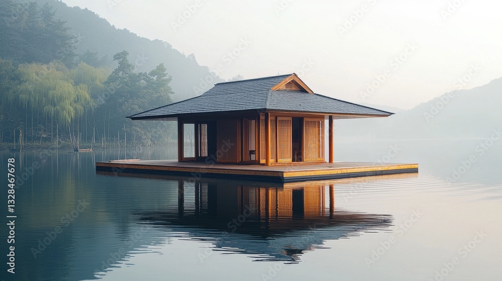 Fototapeta premium Serene Wooden Pavilion on Tranquil Lake Surrounded by Lush Greenery and Misty Mountains