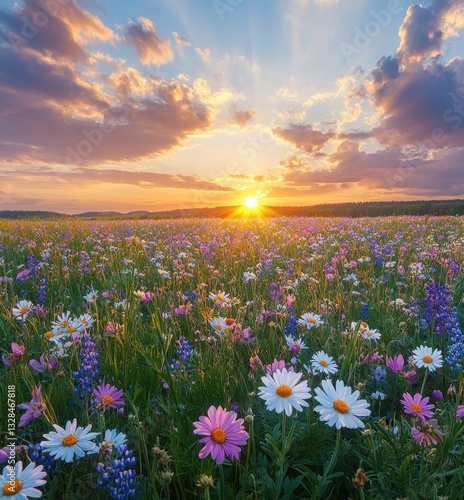 Stunning Sunset Over Vibrant Flower Field with Colorful Wildflowers and Dramatic Cloudscape in Nature's Splendor