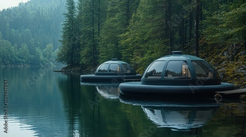 Unique futuristic dome cabins on calm lake reflections surrounded by lush green forest in serene landscape environment