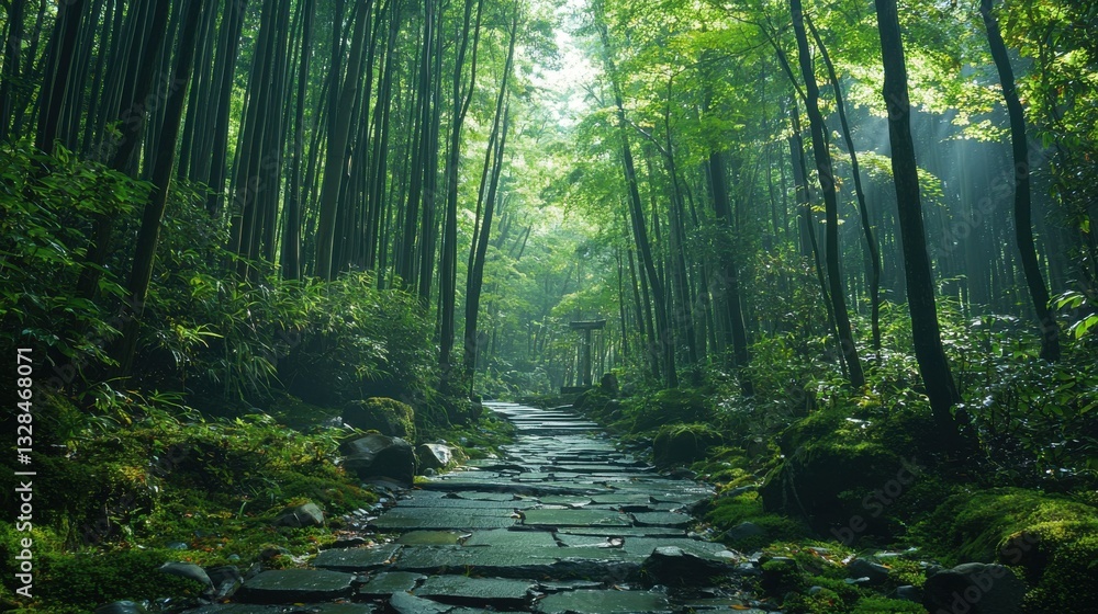 Obraz premium Lush Green Bamboo Forest Pathway with Sunlight Filtering Through Dense Canopy