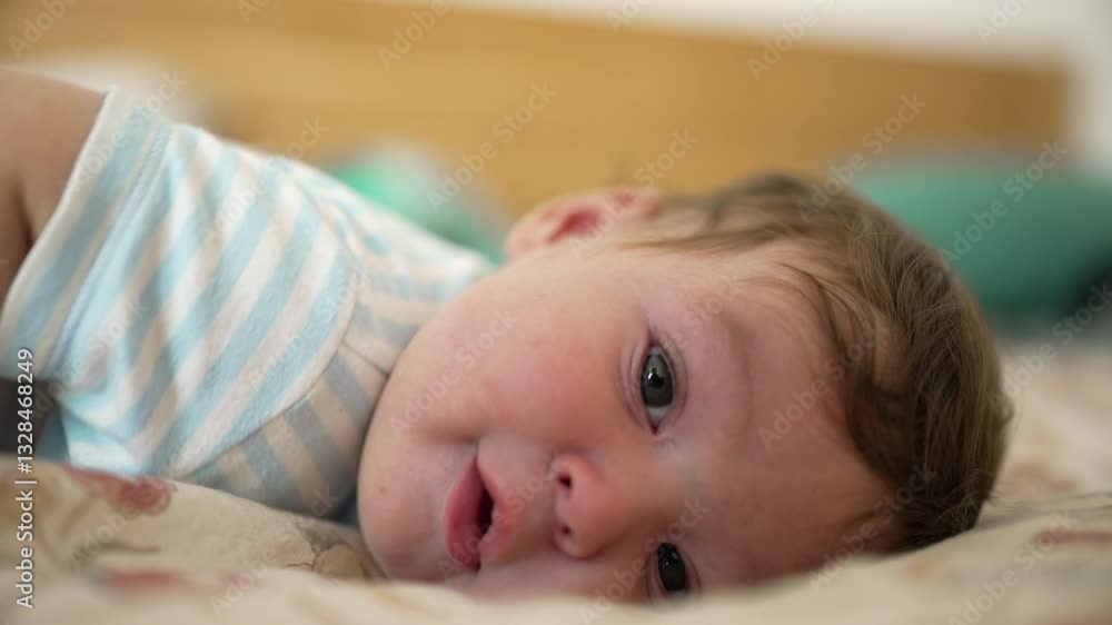Baby lying on bed, looking towards camera with curiosity, relaxed and observant expression, early childhood exploration, warm and peaceful home setting Baby lying on bed, looking towards camera with curiosity, relaxed and observant expression, early childhood exploration, warm and peaceful home setting