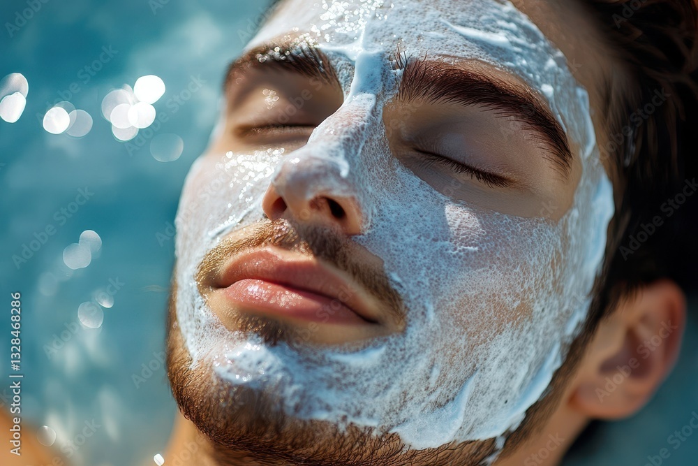 Fototapeta premium Man with a white facial mask, eyes closed. Perfect for skincare, beauty, and self-care content.