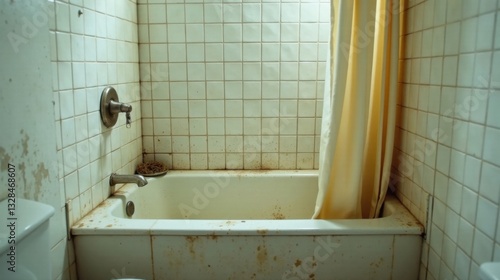 A neglected bathroom's aged porcelain tub, stained and showing the passage of time, sits beneath a faded, yellow shower curtain.  The aged tile walls display a history of spills and neglect.