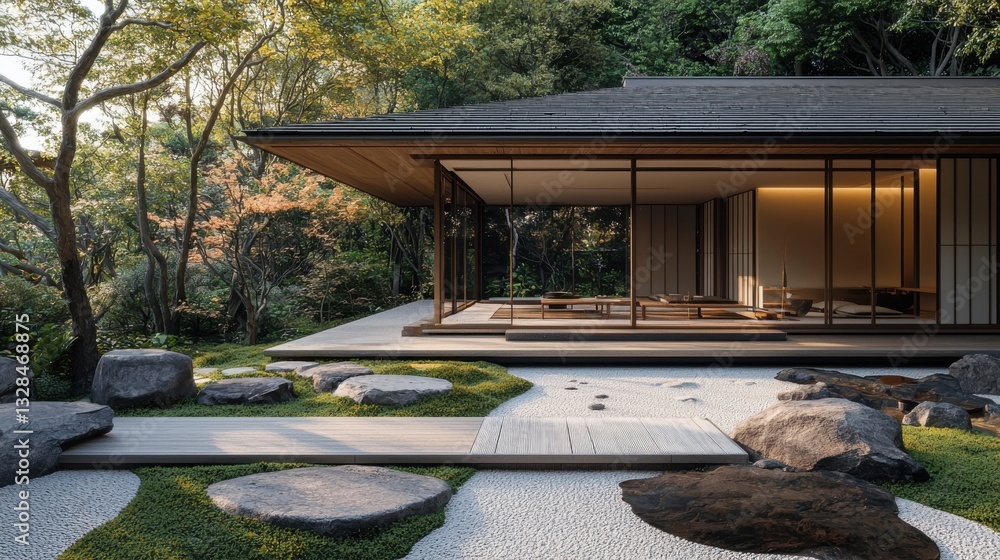 Fototapeta premium Tranquil Modern Home Surrounded by Lush Greenery and Serene Zen Garden Elements for Relaxation and Harmony