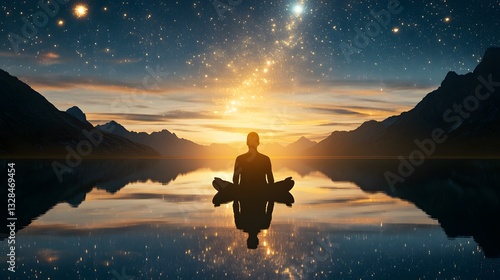 A spiritual guide floating above a tranquil lake, their reflection shimmering below