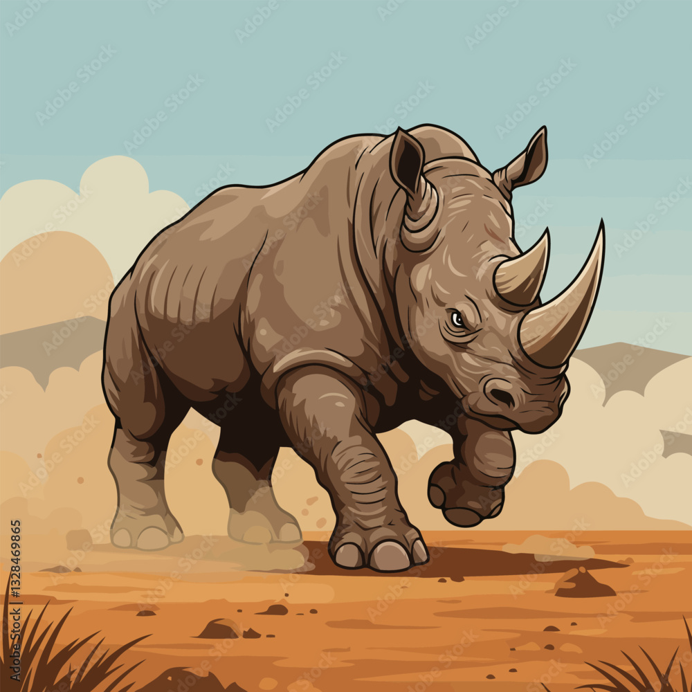 Fototapeta premium Cartoon Rhino Walking Across Dry Land with Distant Mountain View