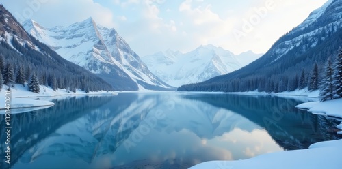 Wallpaper Mural Frozen lake reflecting snow-capped mountains, serene winter landscape, nature, serene, winter Torontodigital.ca