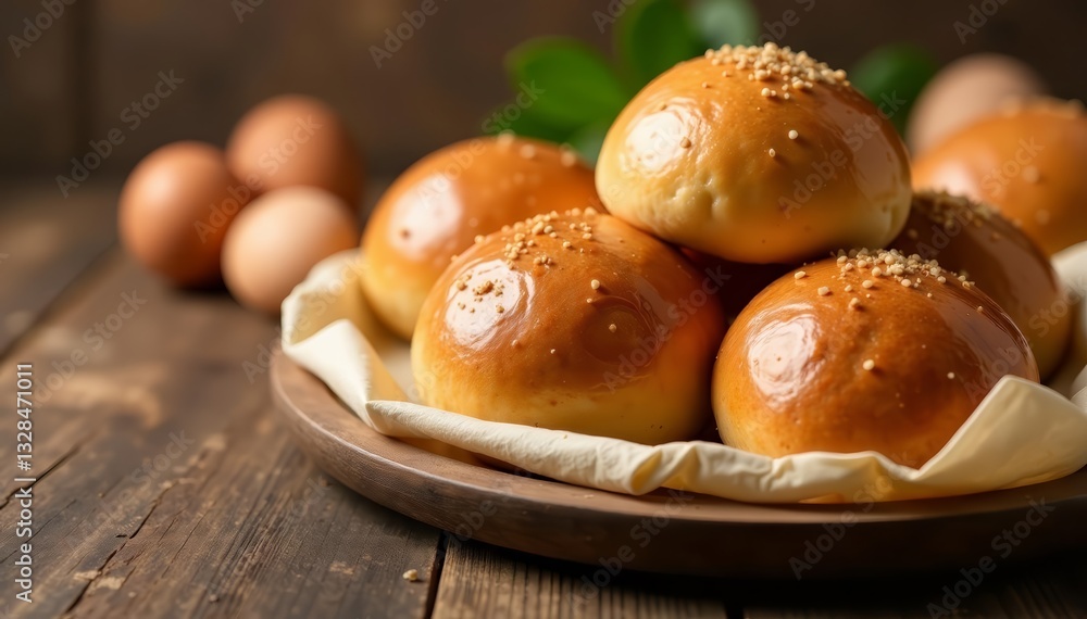 Freshly baked buns displayed with farm-fresh eggs on wooden table, food, organic, morning Freshly baked buns displayed with farm-fresh eggs on wooden table, food, organic, morning
