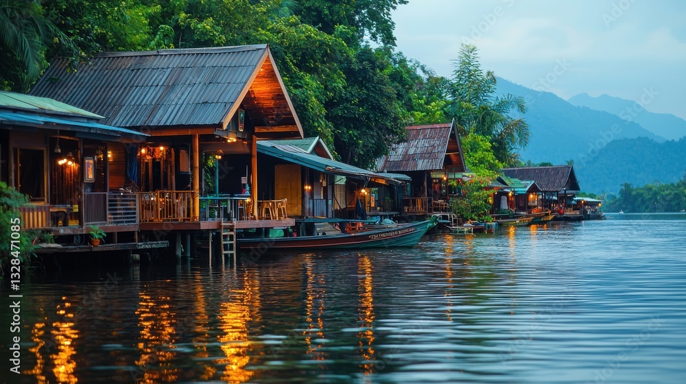 Serene Waterside View of Cozy Wooden Cabins Under Twilight Sky in Lush Green Mountain Landscape Serene Waterside View of Cozy Wooden Cabins Under Twilight Sky in Lush Green Mountain Landscape
