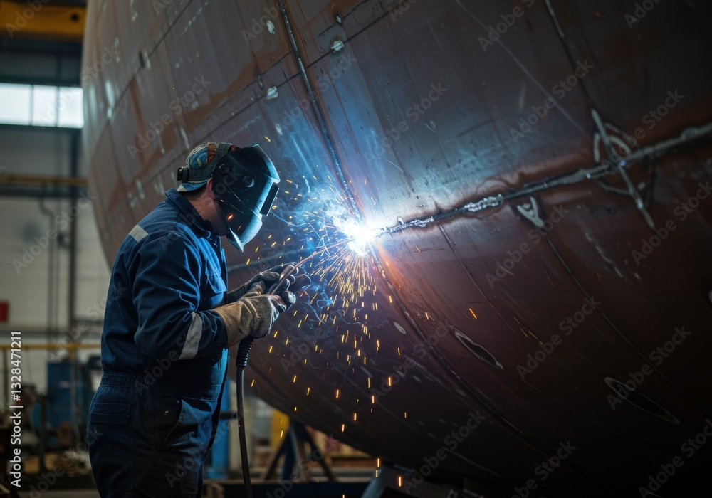 Skilled welder working on a large ship hull in industrial workshop setting Skilled welder working on a large ship hull in industrial workshop setting
