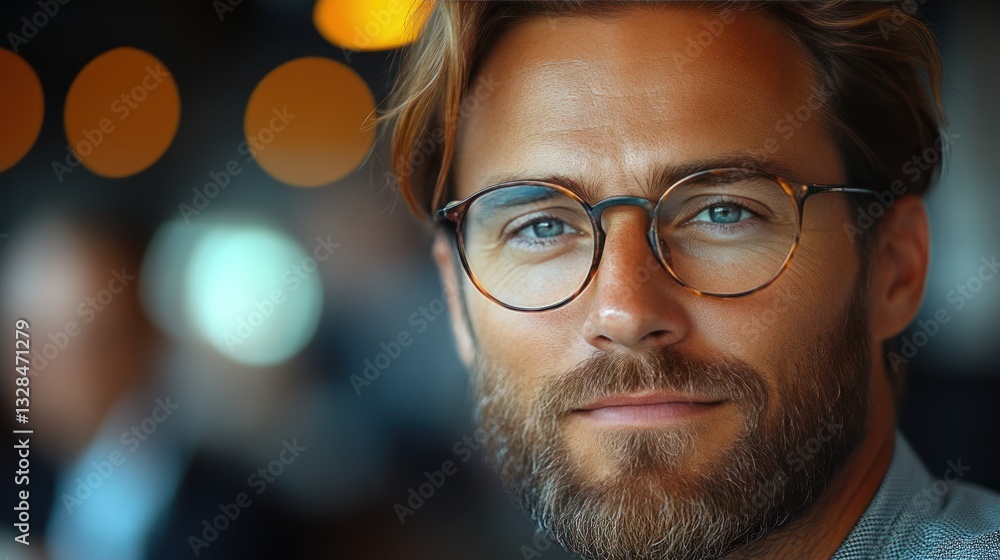 Confident businessman in glasses discussing with colleagues during office meeting Confident businessman in glasses discussing with colleagues during office meeting