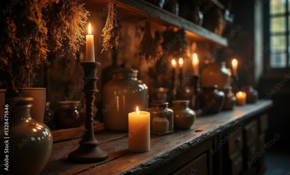 Cozy candlelit shelf with herbs Cozy candlelit shelf with herbs