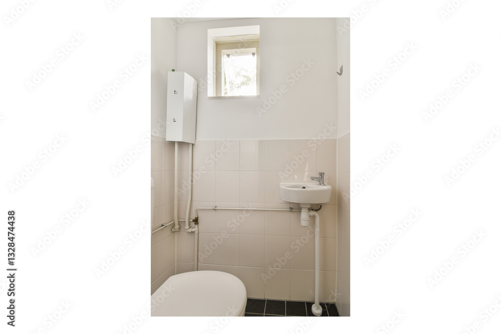 A compact bathroom featuring a clean design with white tiles, a small sink, and a window allowing natural light. Ideal for minimalist aesthetics. A compact bathroom featuring a clean design with white tiles, a small sink, and a window allowing natural light. Ideal for minimalist aesthetics.