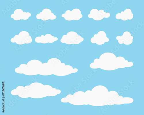 Cartoon white clouds flying across the blue sky, vector illustration, flat design, set of icons. Decorative empty element for decoration, design, weather. Bubble for speech, a form of steam