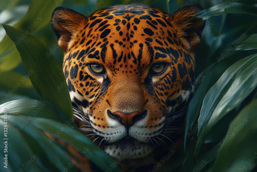 Obraz premium Majestic jaguar peers through lush foliage in a vibrant rainforest habitat during golden hour