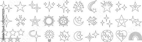 Doodle star, celestial icon set, moon, sun, sparkle, rainbow, heart illustration. Minimalist vector art for design, tattoo, sticker, logo. Simple line drawing, cosmic, whimsical style for creative pro