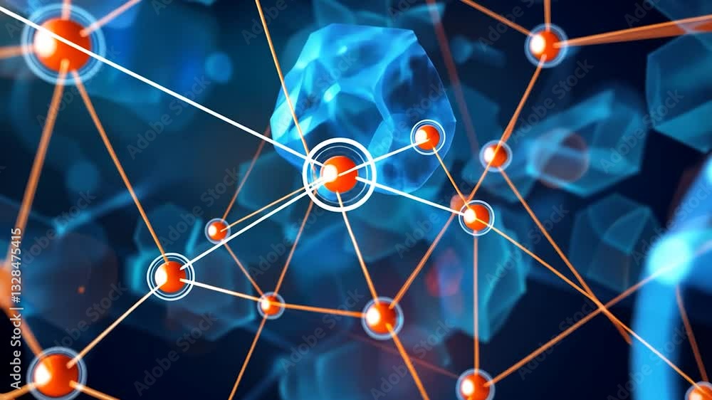 Abstract Molecular Structure: Network of Connected Atoms, Blue and Orange Hues, Illuminated  Nodes, Scientific Visualization, 3D Rendering, Technology Concept.