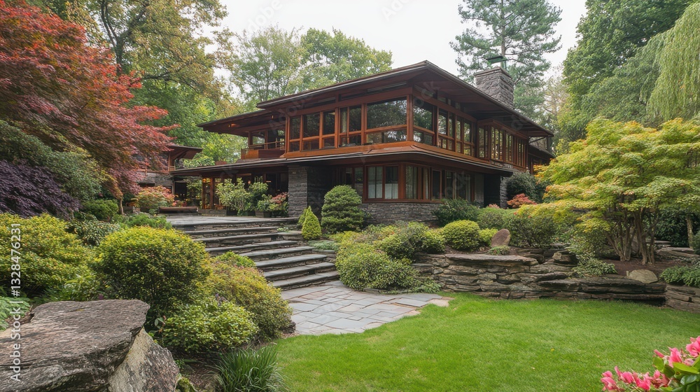 Exquisite Prairie-Style Home nestled in lush greenery featuring architectural design, natural stone, and vibrant autumnal foliage Exquisite Prairie-Style Home nestled in lush greenery featuring architectural design, natural stone, and vibrant autumnal foliage