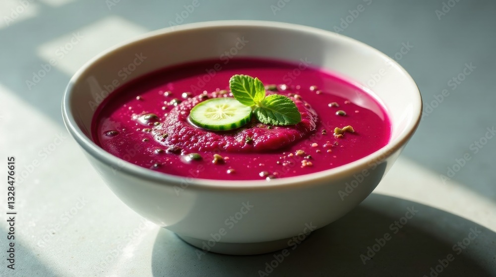 A vibrant bowl of chilled beet soup, garnished with a refreshing cucumber slice and a sprig of mint, sits bathed in sunlight on a smooth surface. A vibrant bowl of chilled beet soup, garnished with a refreshing cucumber slice and a sprig of mint, sits bathed in sunlight on a smooth surface.