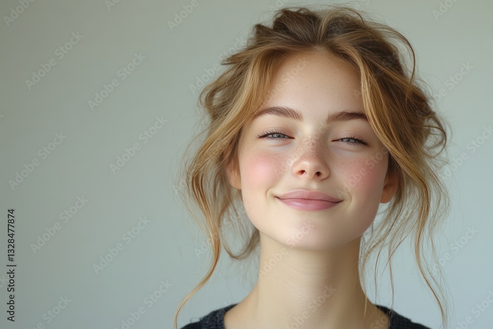 Radiant Young Woman with Healthy Skin Smiling in Beautiful Portrait, Natural Makeup, Skincare Concept on White Background Radiant Young Woman with Healthy Skin Smiling in Beautiful Portrait, Natural Makeup, Skincare Concept on White Background