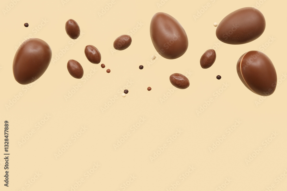 Fototapeta premium Tasty chocolate eggs flying on beige background