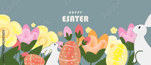 Trendy Happy Easter design featuring typography and a hand-drawn spring floral pattern. poster, greeting card, or website banner.