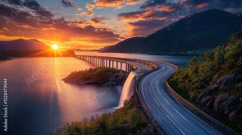 Scenic sunset highway bridge waterfall Norway travel