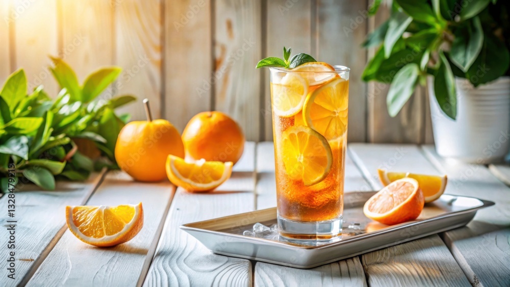 Fototapeta premium Refreshing Citrus Drink with Orange Slices on Wooden Table