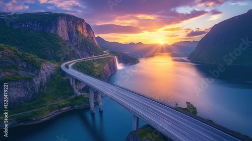 Sunset over fjord, highway bridge, mountains. Travel poster