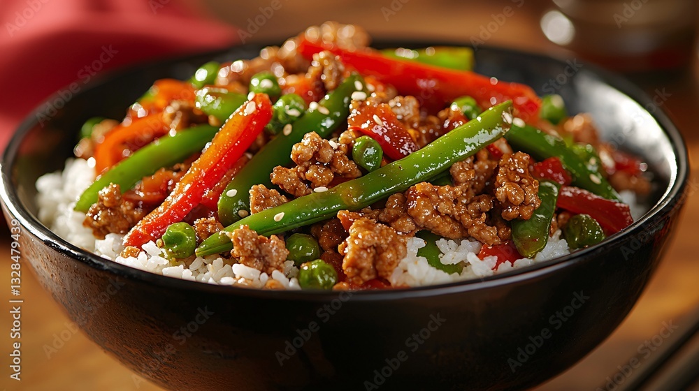 Delicious Stir-Fried Chicken with Vegetables Over Rice Bowl Delicious Stir-Fried Chicken with Vegetables Over Rice Bowl