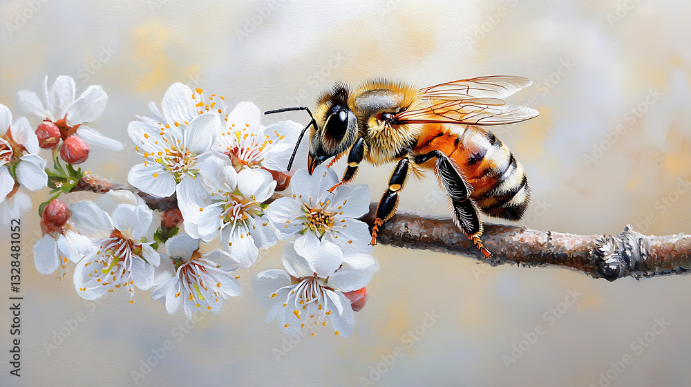 Naklejka premium Bee pollinating blossoms spring garden nature photography close-up vibrant environment importance of pollinators