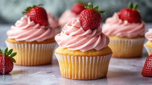 Delicious strawberry cupcakes with pink frosting. Perfect for blogs, websites, or bakery menus.