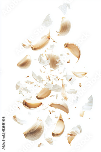 Garlic cloves and peels suspended in the air against a white background, creating motion