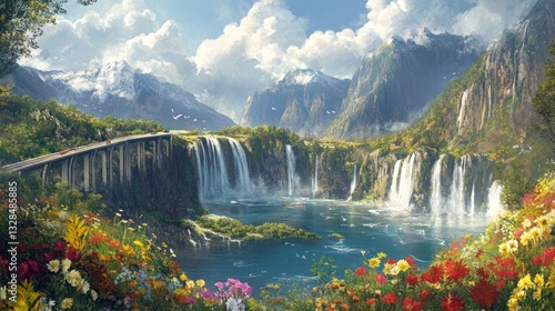 Scenic mountain road, waterfalls, lake, wildflowers, sunny day; travel poster
