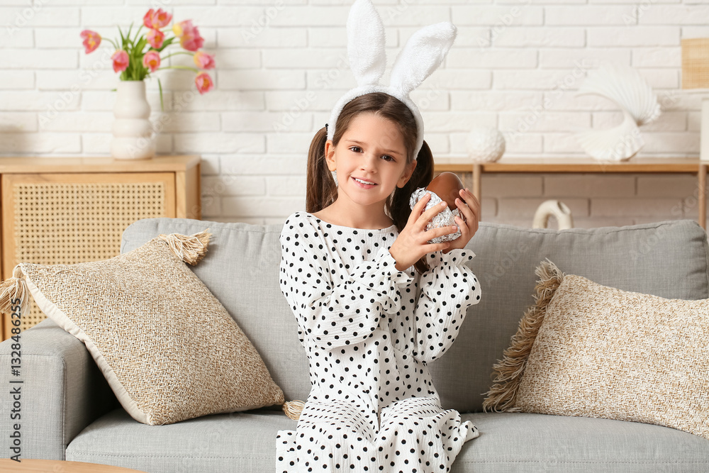 Cute little girl with sweet chocolate egg sitting on sofa in living room Cute little girl with sweet chocolate egg sitting on sofa in living room