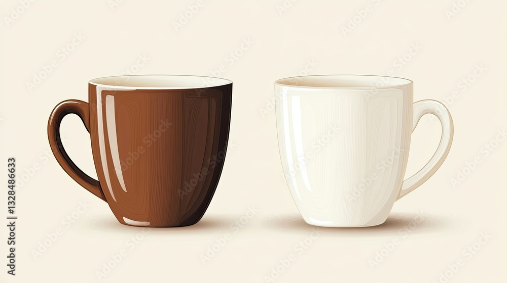 Two coffee cups, one brown and one white, showcasing an artistic illustration perfect for beverage-related themes. Two coffee cups, one brown and one white, showcasing an artistic illustration perfect for beverage-related themes.