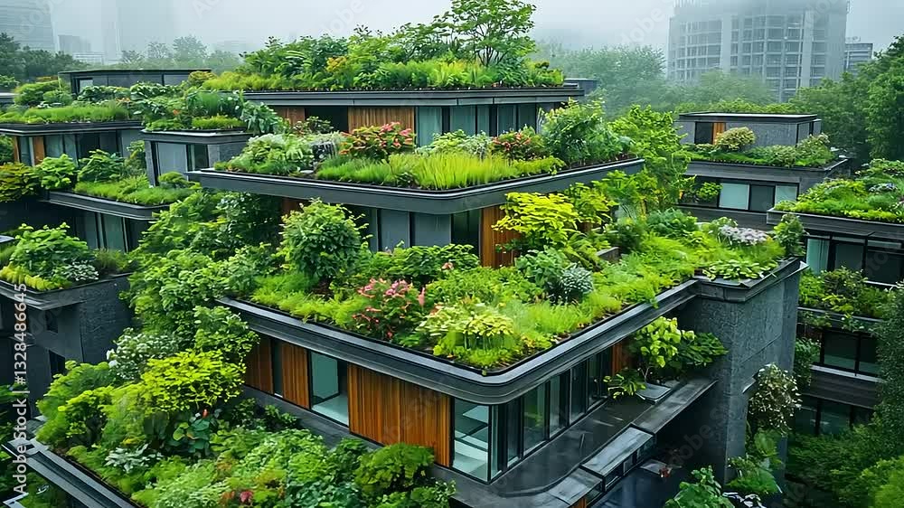 Lush green rooftop gardens on modern buildings surrounded by misty urban landscape in spring Lush green rooftop gardens on modern buildings surrounded by misty urban landscape in spring