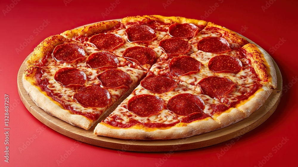 Delicious pepperoni pizza sliced and ready to serve on a vibrant red background, perfect for food photography or restaurant menus. Delicious pepperoni pizza sliced and ready to serve on a vibrant red background, perfect for food photography or restaurant menus.