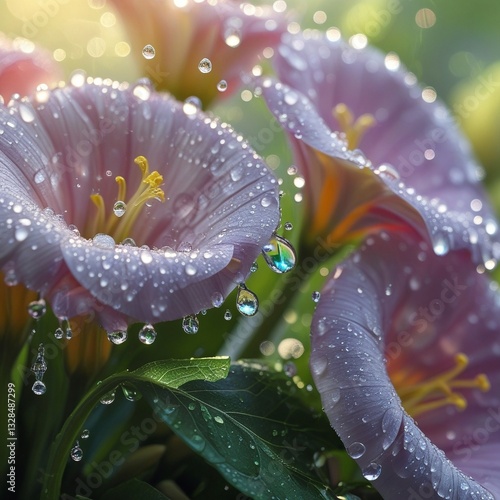 Delicate water droplets cling to the petals of a vibrant bouquet of flowers, glistening in the soft, warm light, with each drop refracting tiny rainbows, set against a blurred, lush green background, 