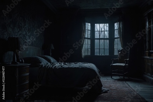 Haunted house interior featuring a shadowy bedroom and ghostly ambiance
