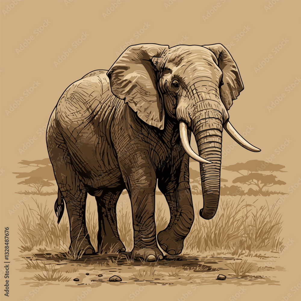 Naklejka premium Elephant Walking Through Grassy Savanna in Artistic Vintage Style Illustration