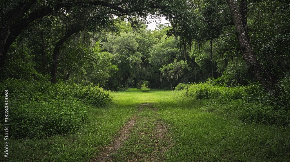 Lush Green Pathway Through a Dense Forested Landscape in Nature Lush Green Pathway Through a Dense Forested Landscape in Nature