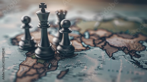 Chess grandmaster strategy illustrated with pieces placed strategically on a futuristic world map. No unnecessary blur, maintaining visual precision.