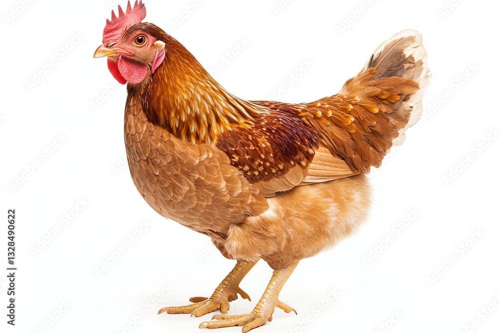 Fototapeta premium Standing Brown Chicken on White Background in Studio Lighting