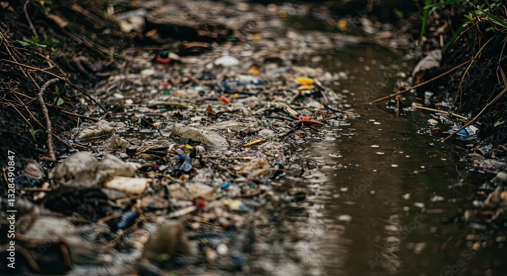 Fototapeta premium Plastic pollution in rain channel highlighting environmental concerns and water pollution issues