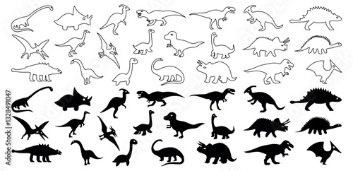 Dinosaurs silhouette and line art icons design vector illustration.